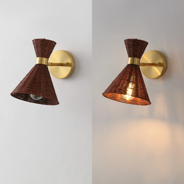 Zoey 10" 1-Light Mid-Century Vintage Retro Rattan/Metal LED Sconce with Adjustable Shade - JONATHAN Y